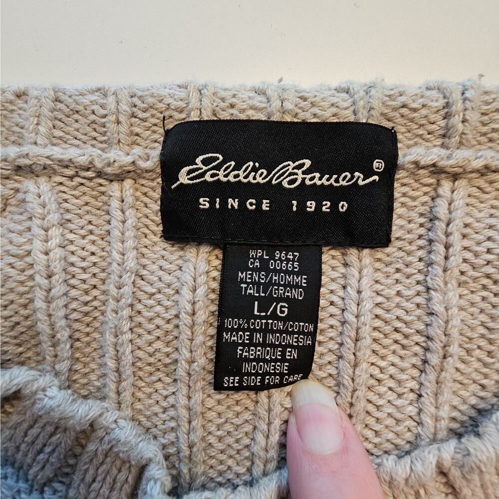 Eddie Bauer Men's L 100% Cotton Ribbed Knit Crewneck Sweater Gray Cream Stripe - Picture 4 of 11